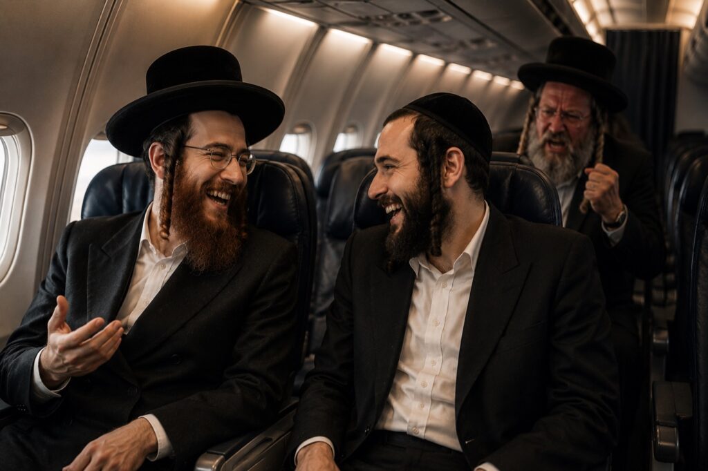 שני יהודים משוחחים במטוס בדרך לקערסטיר