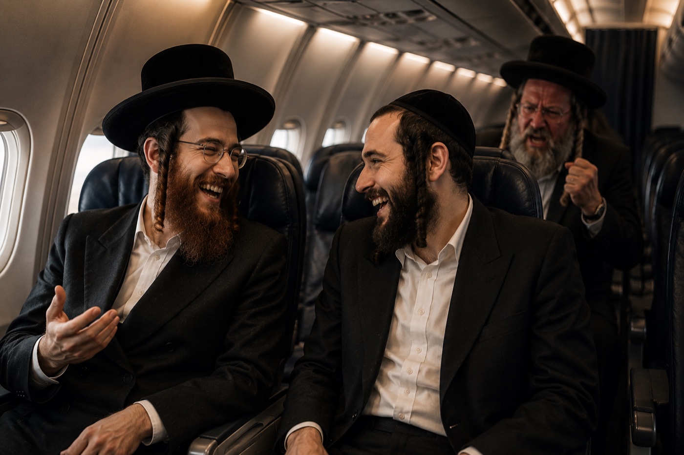 שני יהודים משוחחים במטוס בדרך לקערסטיר